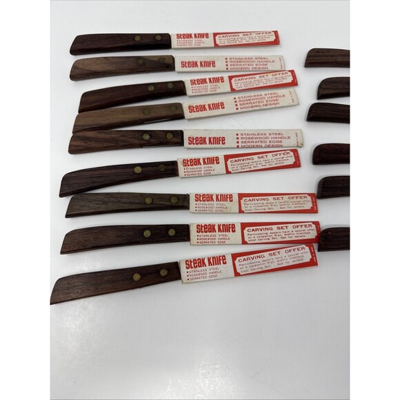 Vintage Quikut 15pc Wood Brown Handle Serrated Blade Steak Knife Set LOT OF 15 - Picture 7 of 8